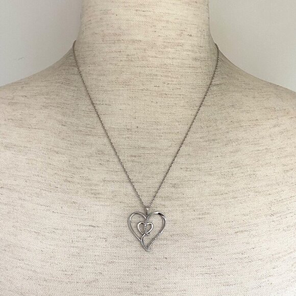 Sterling Silver 925 0.15 CTTW Diamond Heart In Heart Pendant Necklace 18" Chain - Picture 2 of 16